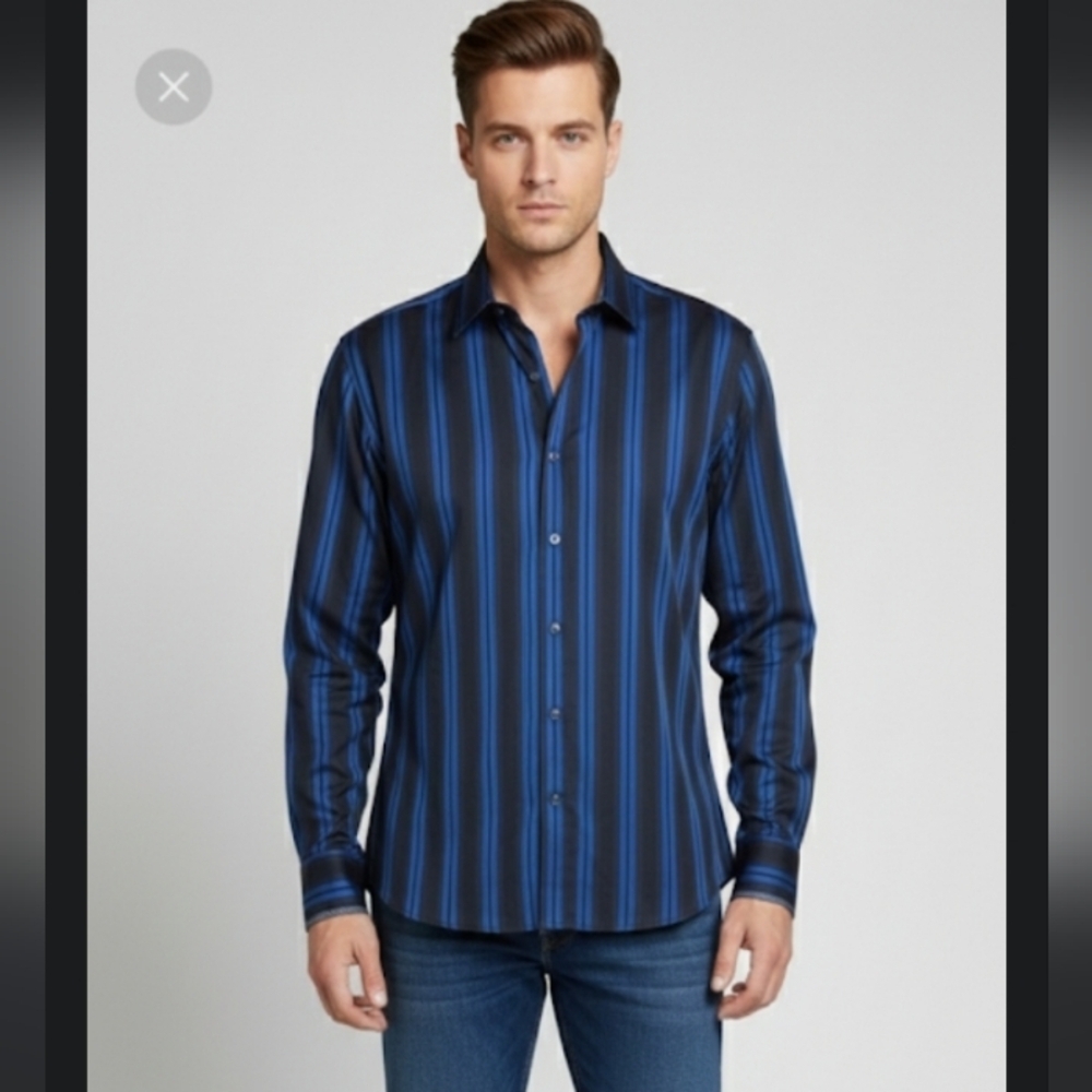 Age of wisdom,blue, black, striped button-front long sleeve shirt, men's size L